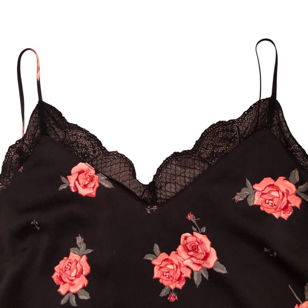 Y2K Black Satin Cami with Rose Print & Lace Trim Size S Feminine Cottagecore - Picture 2 of 5